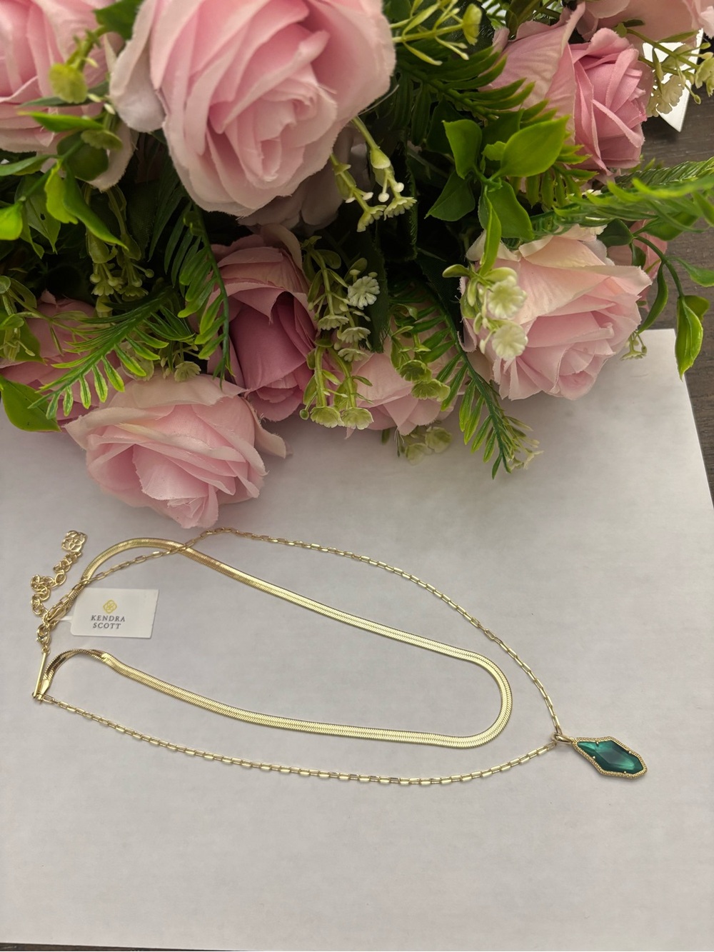 Kendra Scott Gold Double-Layer Necklace with Teal Green Pendant